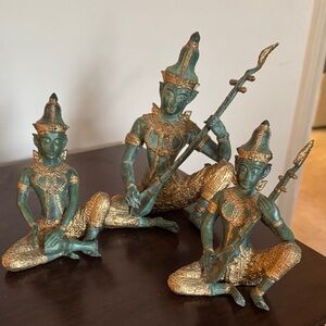Elegant Gold and Green Thai Figurine Set- largest i8 in c 5 in - wt- 5 ilbs.
